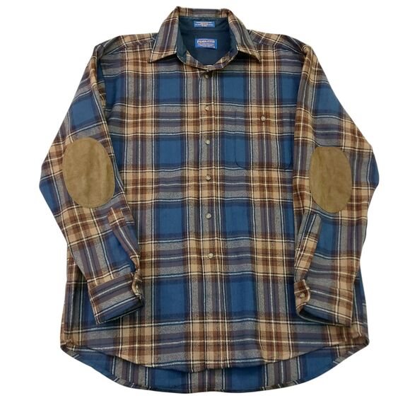 Pendleton Shirt Mens Large Brown Plaid Pure Virgin Wool Suede Elbow Patch Trail - Picture 1 of 12